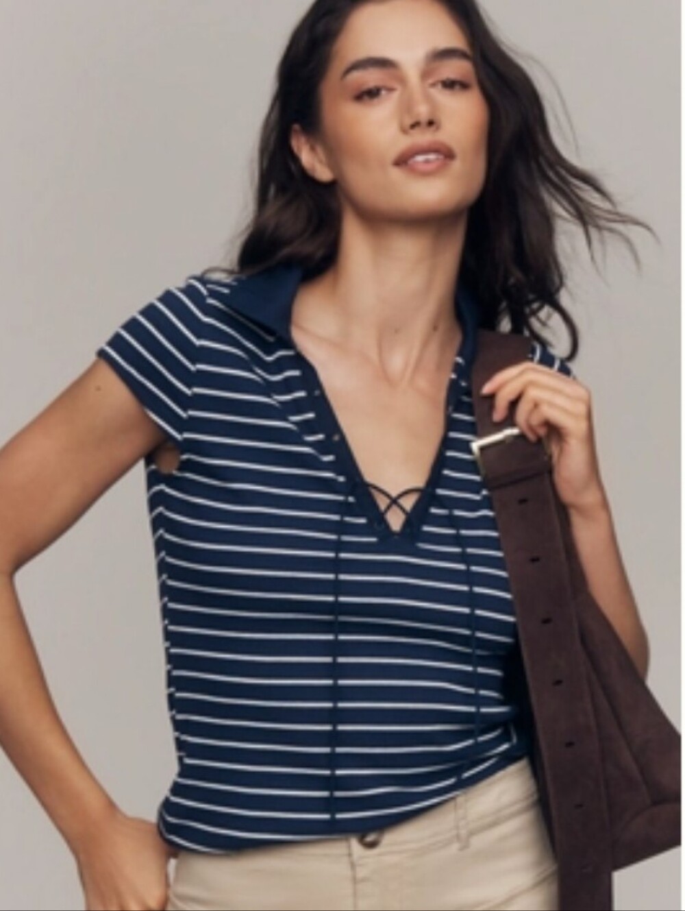 NWT Maeve Navy and White Striped Polo-Style Lace-up Top